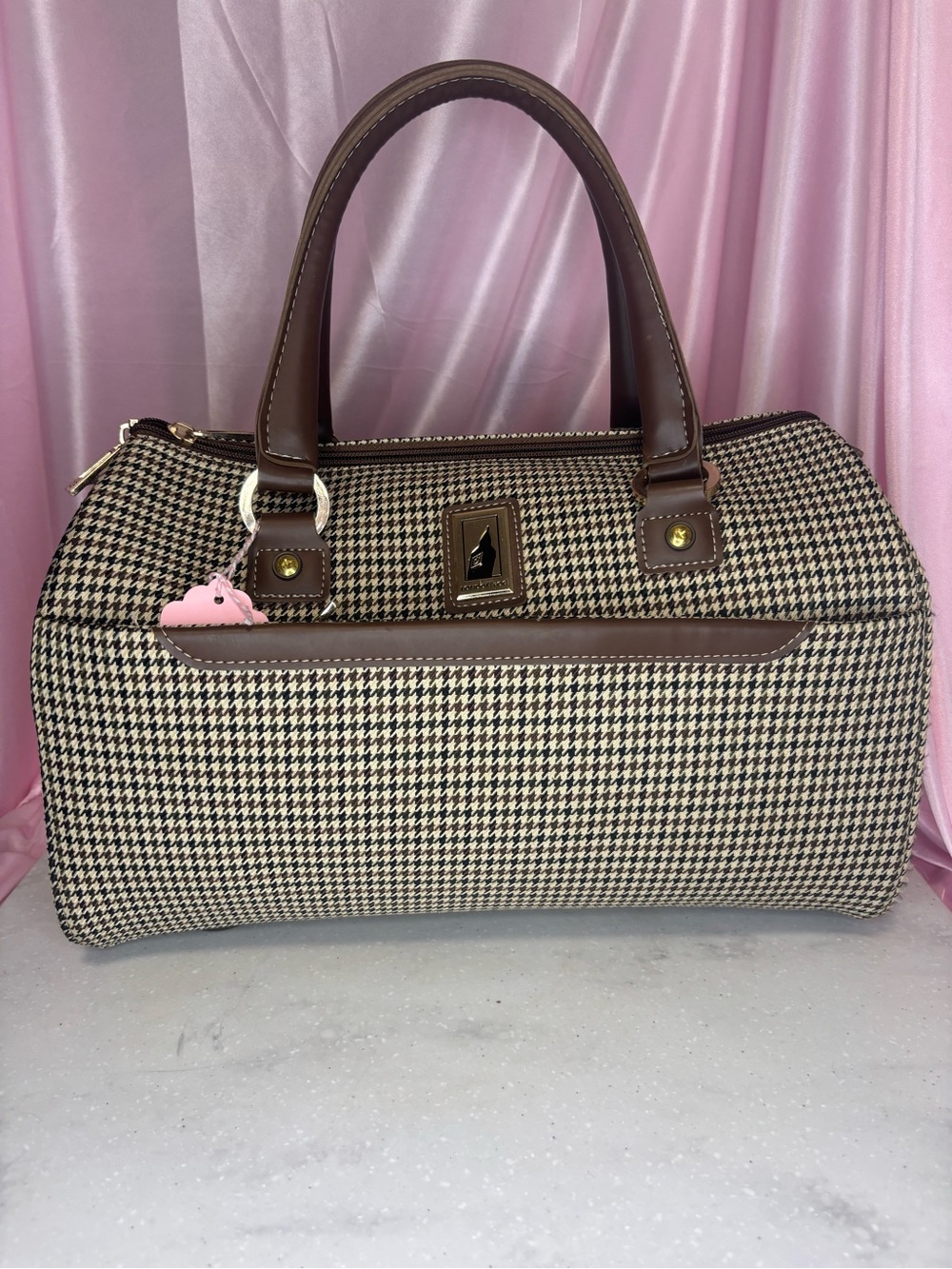 London Fog Brown Houndstooth Top-Handle Satchel